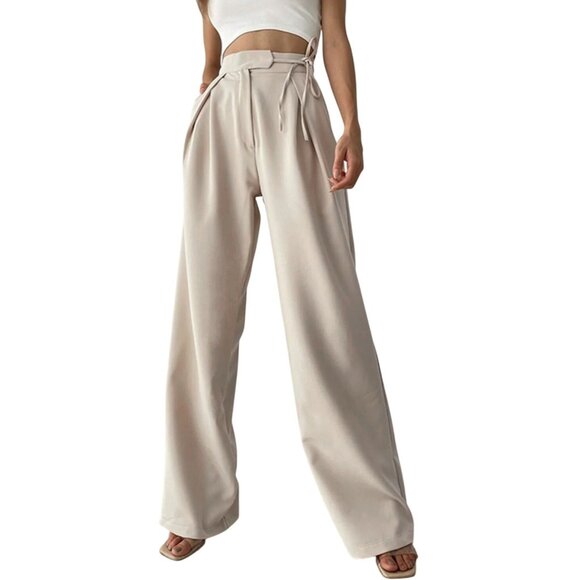 NWT Commense Womens High-Waisted Wide Leg Dress Pants W/Tie Beige Large - Picture 1 of 7